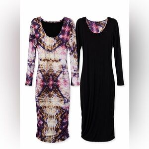 Switch Reversible Long Sleeve Dress Black & Tie Dye Print Bodycon Midi